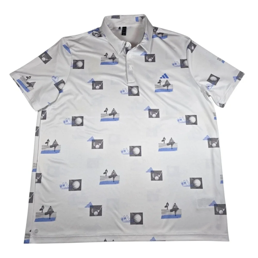 ADIDAS All Over Print Golf Polo Shirt HR7998 White Blue Fusion Gray Men's Sz XXL